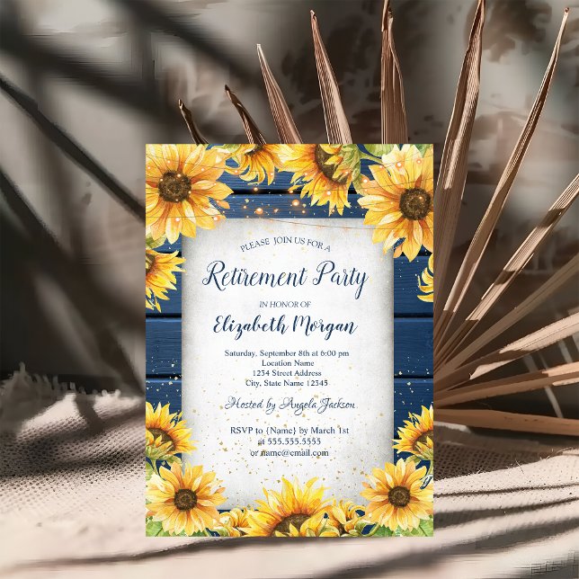 Sunflowers,String Lights Blue Wood Retirement  Invitation (Creator Uploaded)