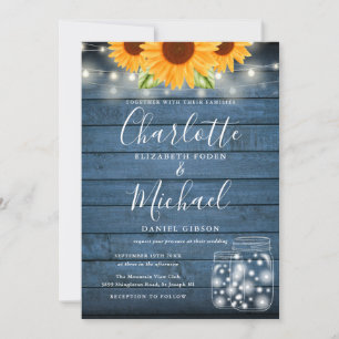 Sunflowers String Lights Mason Jars Blue Wedding Invitation