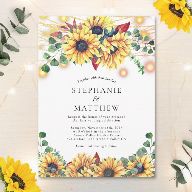 Sunflowers String Lights Mason Jars Fall Wedding Invitation (Creator Uploaded)