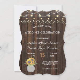 Sunflowers String Lights Old Wood Wedding Invitation