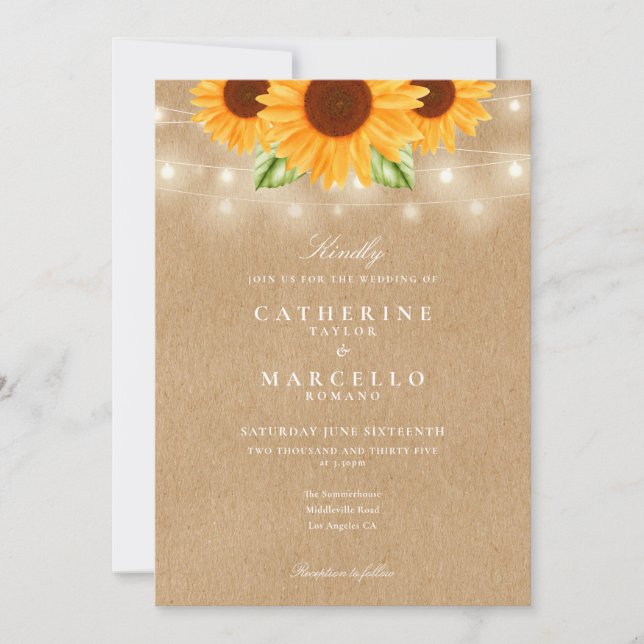 Sunflowers String Lights Rustic Kraft Wedding Invitation (Front)