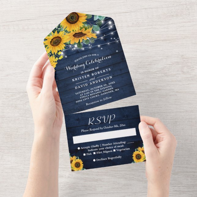 Sunflowers String Lights Rustic Navy Blue Wedding All In One Invitation (Tearaway)