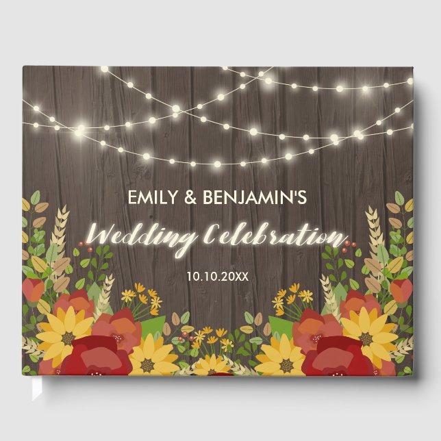 Sunflowers & String Lights Rustic Wedding Guest Book (Front)