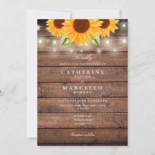 Sunflowers String Lights Rustic Wood Wedding Invitation
