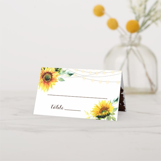 Sunflowers String Lights Rustic Wood Wedding Place Card (Front)