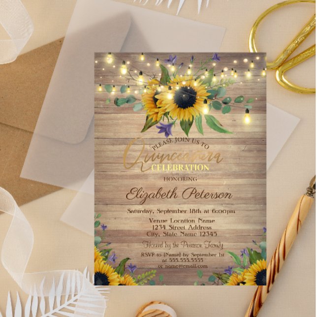 Sunflowers,String Lights,Wood Quinceañera  Invitation (Creator Uploaded)