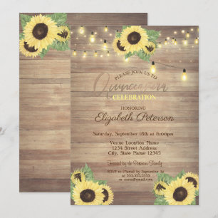 Sunflowers,String Lights,Wood Texture Quinceañera Invitation