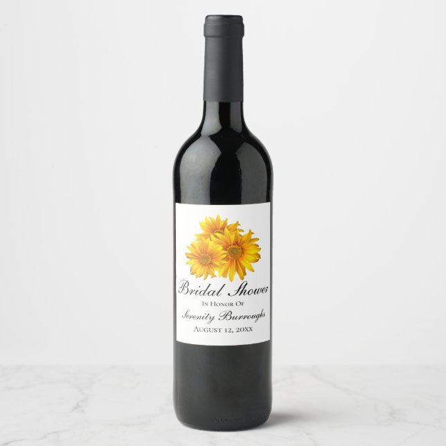 Sunflowers Summer Yellow Floral Bridal Shower Wine Label (Front)