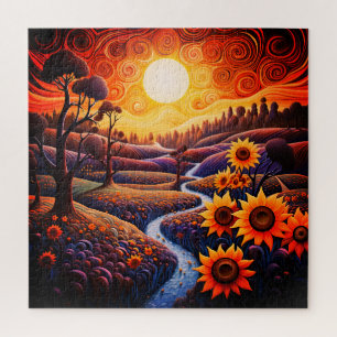 Sunflowers Sunrise Abstract Nature Illustration Jigsaw Puzzle