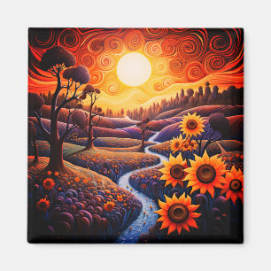Sunflowers Sunrise Abstract Nature Illustration Magnet