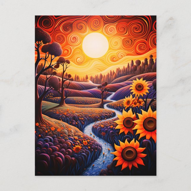 Sunflowers Sunrise Abstract Nature Illustration Postcard (Front)