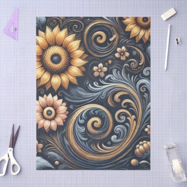 Sunflowers & Swirls Navy Blue Gold Decoupage  Tissue Paper (Craft)