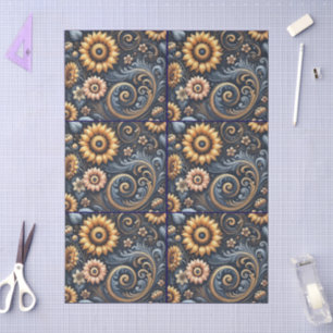 Sunflowers & Swirls Navy Blue Gold Decoupage Tissue Paper