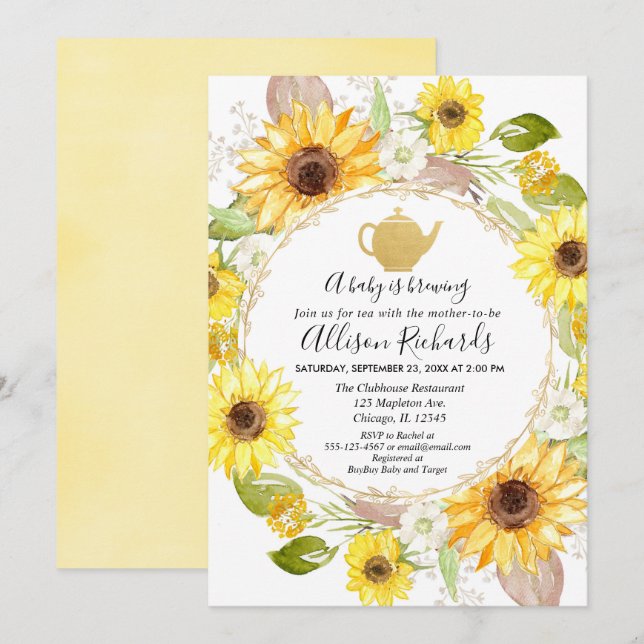 Sunflowers Tea party baby shower invitation (Front/Back)