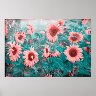 Sunflowers Teal Pink Floral Vintage Grunge Texture Poster