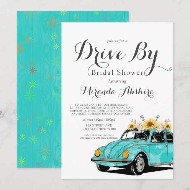 Sunflowers Turquoise Car Drive By Bridal Shower Invitation (Front/Back)