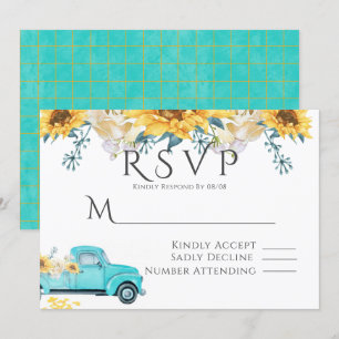 Sunflowers Turquoise Vintage Truck Wedding RSVP Invitation