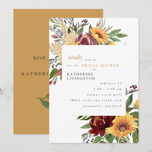 Sunflowers Tuscan Meadows Bridal Shower Invitation (Front/Back)
