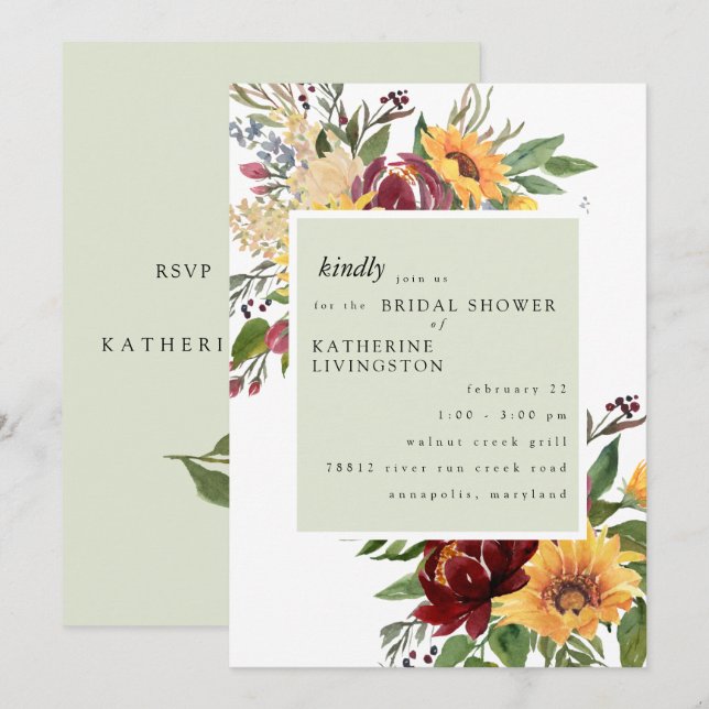 Sunflowers Tuscan Mint Bridal Shower Invitation (Front/Back)