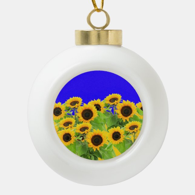 Sunflowers - Ukrainian Flag Peace Freedom Ukraine  Ceramic Ball Christmas Ornament (Front)