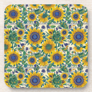 Sunflowers. Ukrainian Petrikivka folk art pattern. Coaster