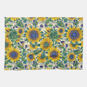 Sunflowers. Ukrainian Petrikivka folk art pattern. Tea Towel