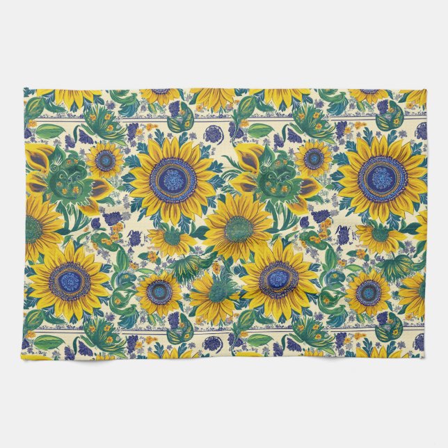 Sunflowers. Ukrainian Petrikivka folk art pattern. Tea Towel (Horizontal)