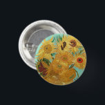 Sunflowers Vincent van Gogh    3 Cm Round Badge<br><div class="desc">Sunflowers (1889)  Vincent van Gogh. Still life on a blue background. A bright bouquet of sunflower flowers stand in a vase. Reproduction of famous works of art  images in the public domain.</div>