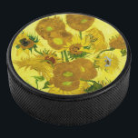 Sunflowers Vincent van Gogh    Hockey Puck<br><div class="desc">Sunflowers  Vincent van Gogh. Still life on a yellow background. A bright bouquet of sunflower flowers stand in a vase. Reproduction of famous works of art  images in the public domain.</div>