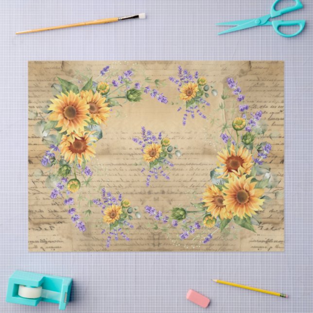 Sunflowers Vintage Parchment Background Decoupage Tissue Paper (Craft)