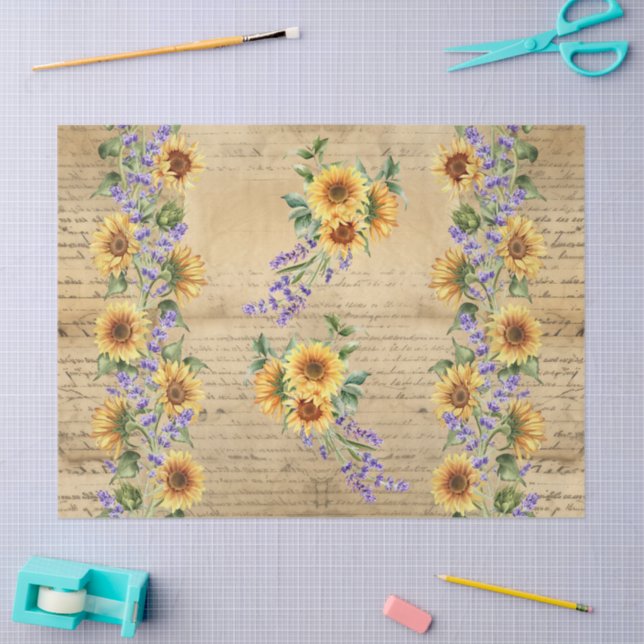 Sunflowers Vintage Parchment Background Decoupage Tissue Paper (Craft)