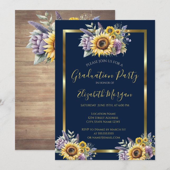 Sunflowers Violet Flowers  Wood Graduation Party Invitation (Front/Back)