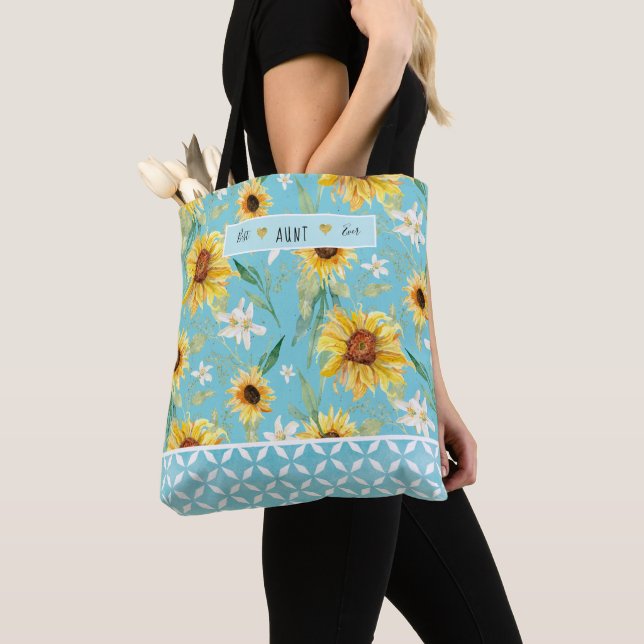 Sunflowers Watercolor Best Aunt Ever Blue Hearts Tote Bag (Close Up)