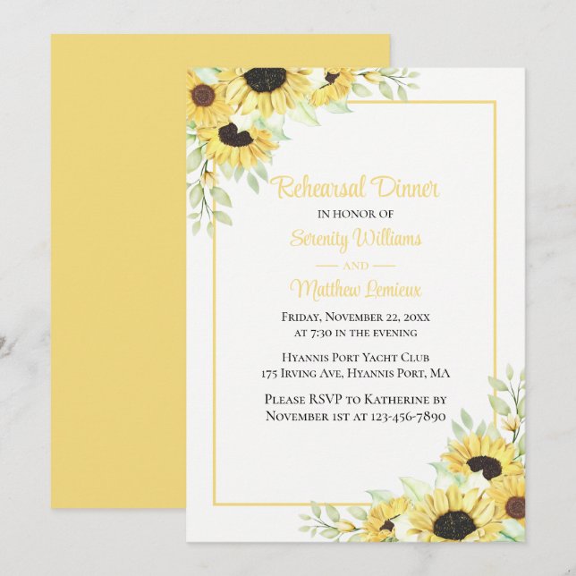 Sunflowers Watercolor Floral Rehearsal Dinner Invi Invitation (Front/Back)