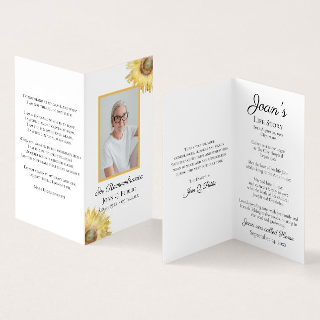 Sunflowers Watercolor Funeral Memorial Prayer Business Card (Inside and Outside)