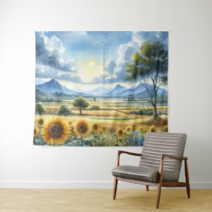Sunflowers Watercolor Landscape Tapestry