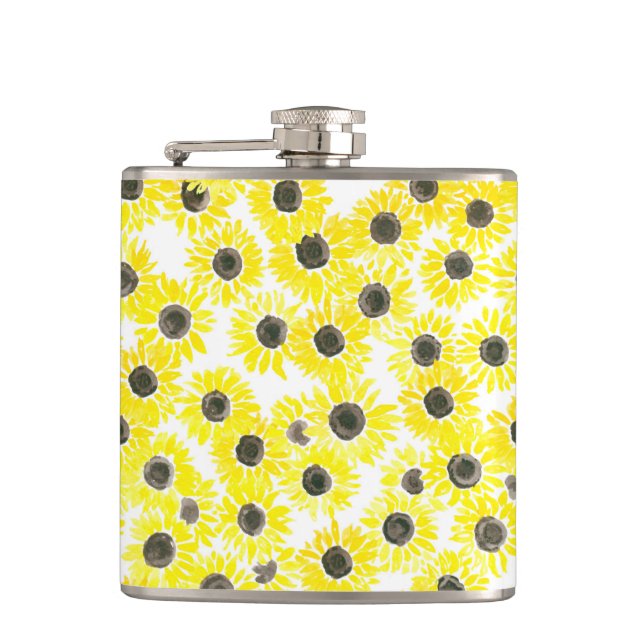 Sunflowers watercolor pattern hip flask (Front)