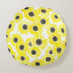 Sunflowers watercolor pattern round cushion