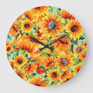 Sunflowers Watercolor: Seamless Illustration Large Clock