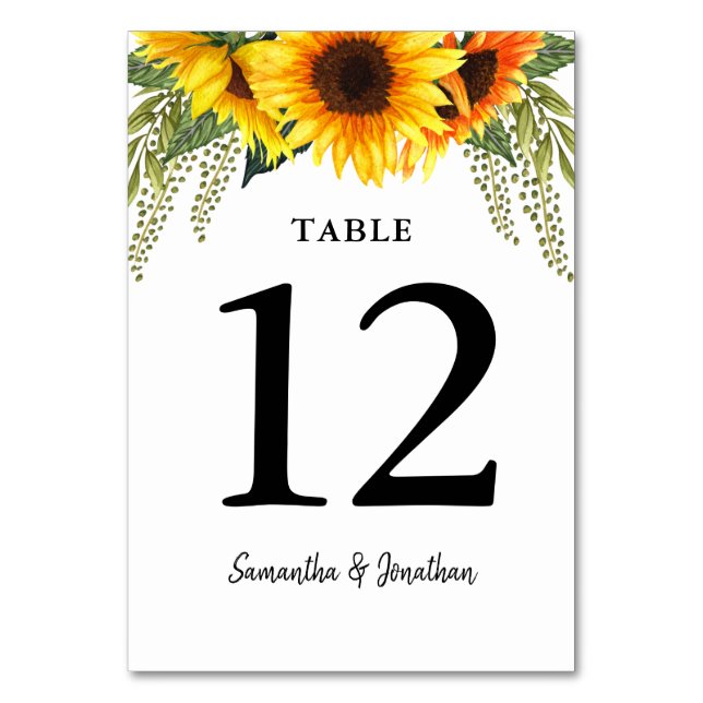 Sunflowers Watercolor Wedding Table Number (Front)