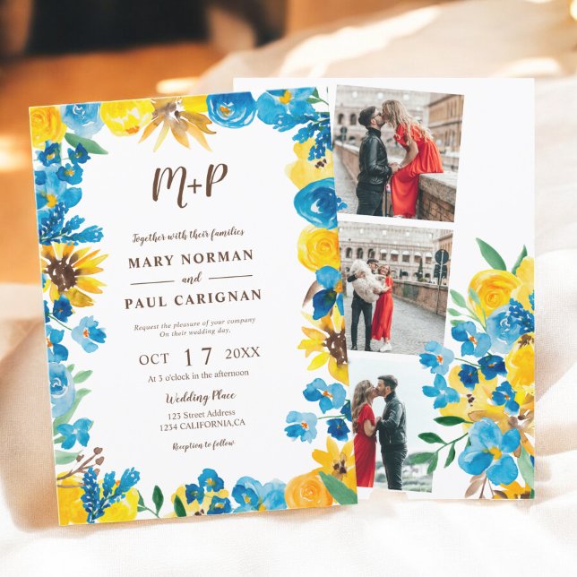 Sunflowers watercolor wreath fall photo wedding invitation (Sunflowers watercolor wreath fall photo wedding invitation)