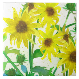 Sunflowers Watercolor Yellow Wildflowers Botanical Tile