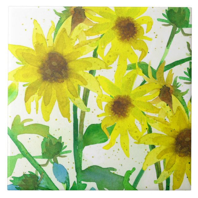Sunflowers Watercolor Yellow Wildflowers Botanical Tile (Front)