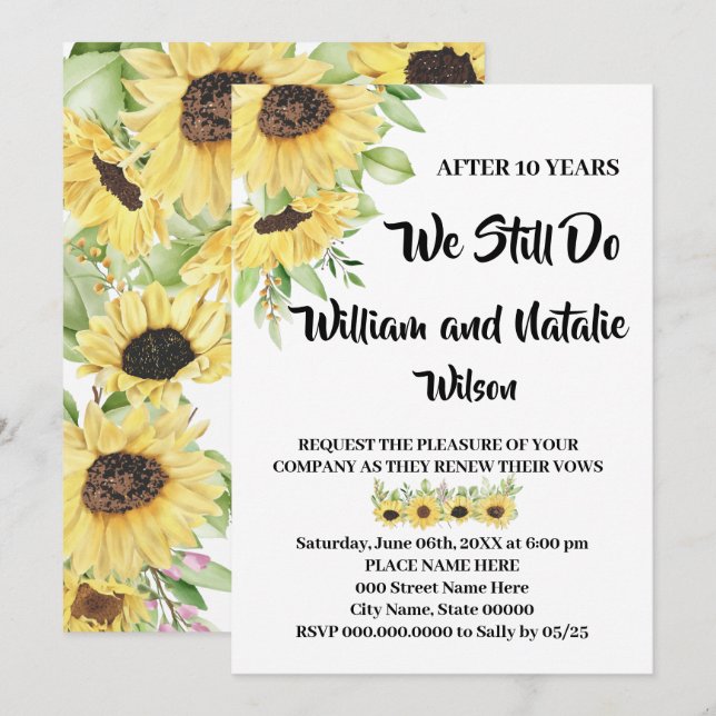 Sunflowers Wedding Anniversary Renewal Vows Invita Invitation (Front/Back)