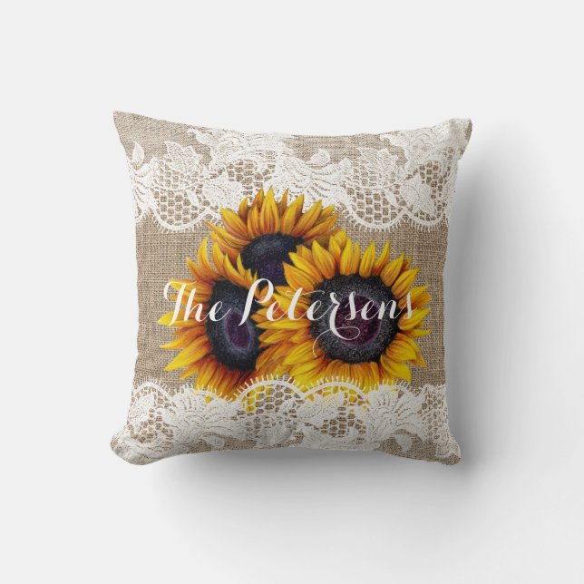Sunflowers wedding burlap lace newlyweds cushion (Front)
