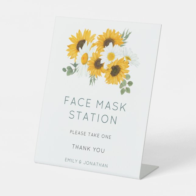 Sunflowers Wedding Face Mask Station Pedestal Sign (Front)
