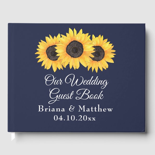 Sunflowers Wedding Guest Book on Blue Country (Front)