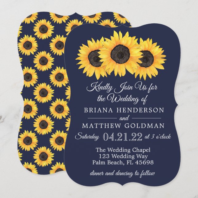 Sunflowers Wedding Invitations Country Blue (Front/Back)