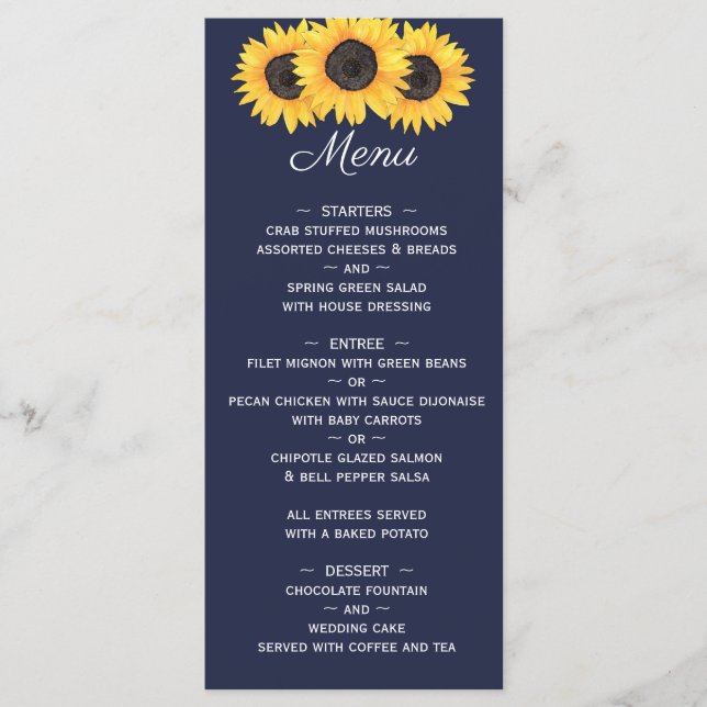 Sunflowers Wedding Menu on Blue Floral (Front)