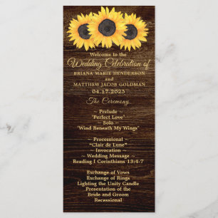 Sunflowers Wedding Program on Wood Country Floral Programme